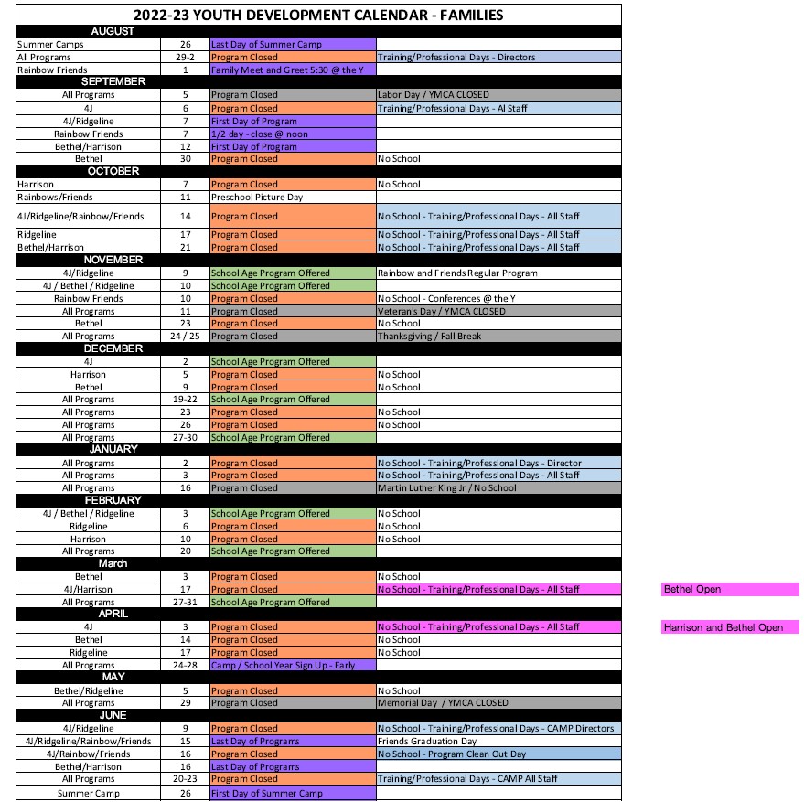 Youth Programs Schedule 2022-23
